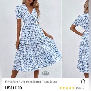 Size 2 Floral Print Ruffle Hem Shirred A-Line Dress